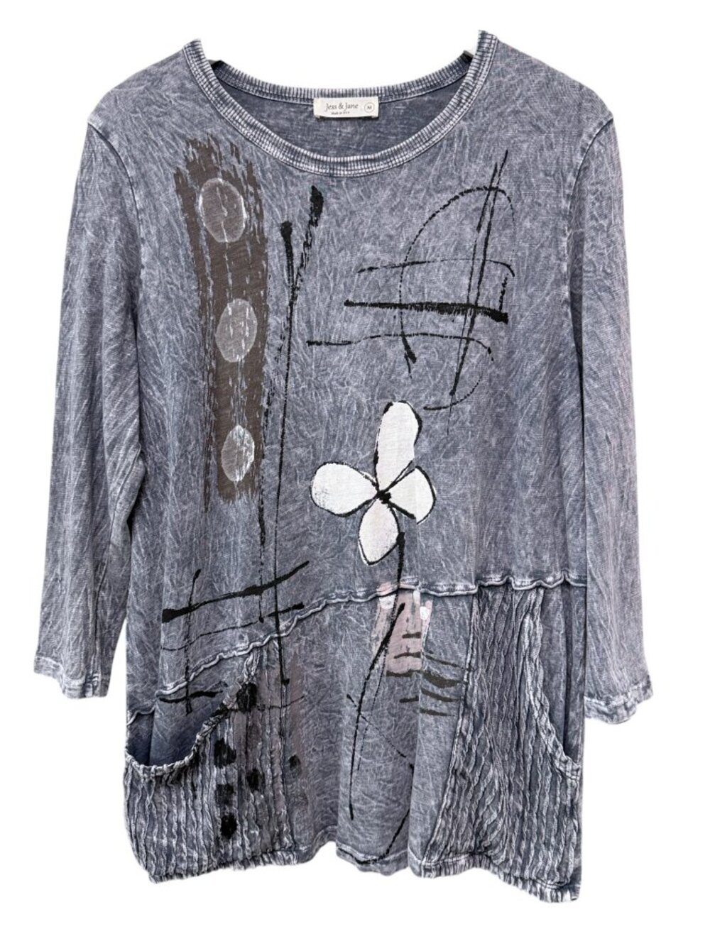 JESS & JANE Womens Top Medium Daisy Graffiti Blue Boho Cotton Artsy Boho Tee